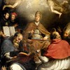 San Gregorio il Grande in trono sotto a un Ciborio con i Santi Ambrogio, Agostino, Girolamo, Cosma e Damiano